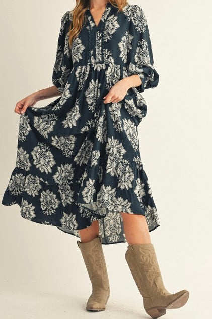 Navy Boho Floral Midi Dress