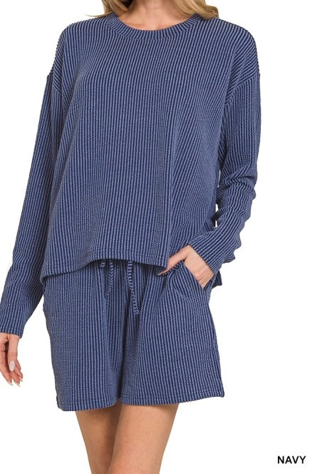 Long Sleeve Ribbed Drawstring Shorts Set