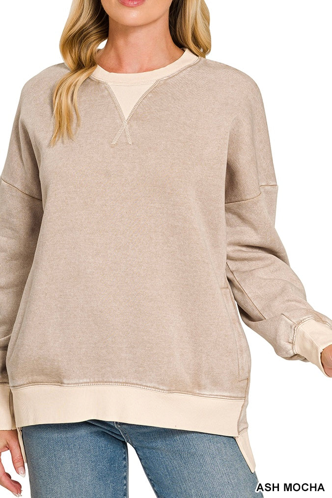 Zenana Acid Wash Contrasy High Low Pocket Sweatshirt