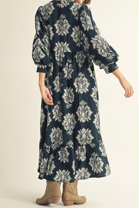 Navy Boho Floral Midi Dress
