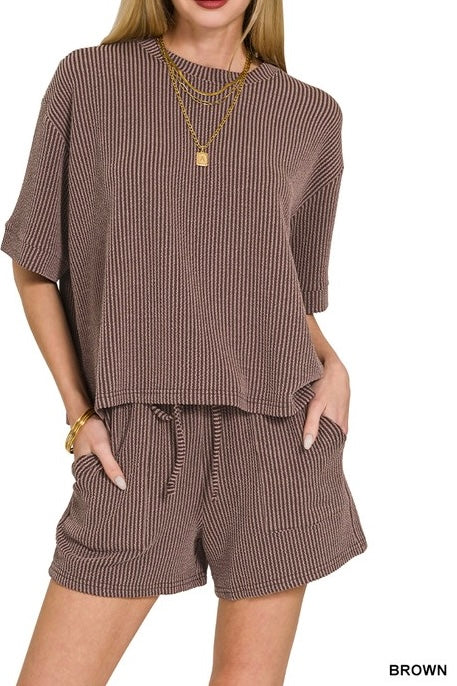 Ribbed Drawstring Shorts Set