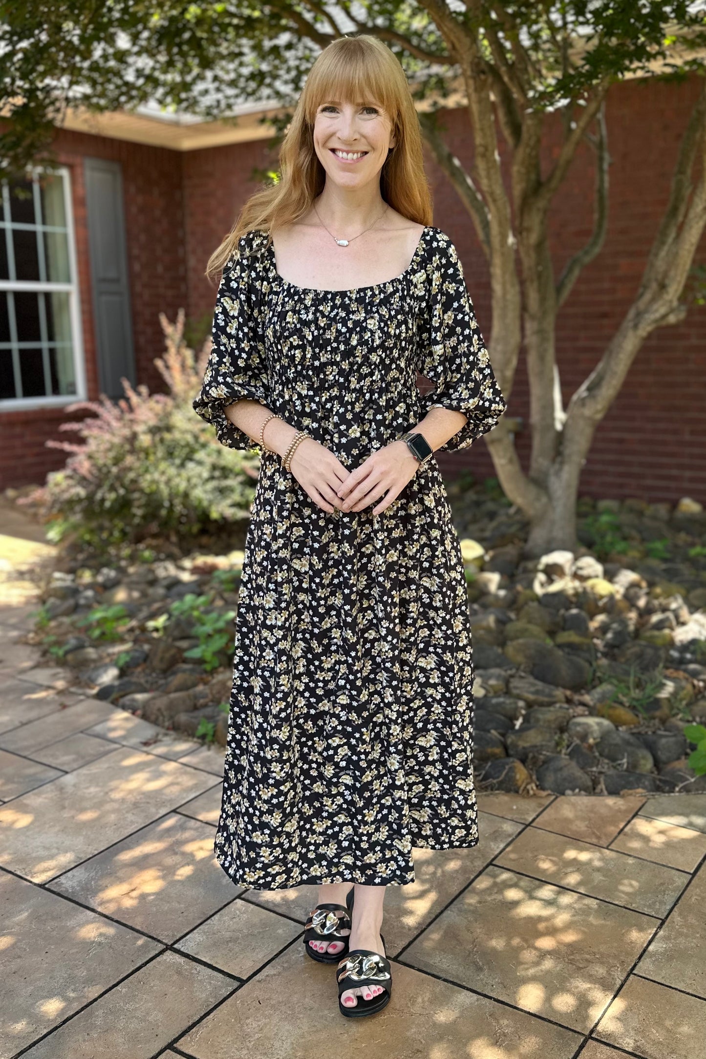 On & Off Shoulder Smocked Floral Midi Dress w Pockets