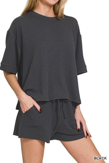 Ribbed Drawstring Shorts Set