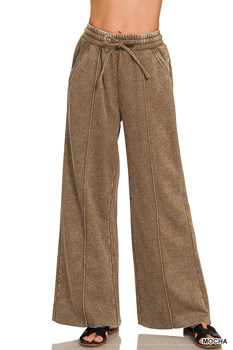 Zenana Acid Wash Pintuck Wide Leg Sweatpants