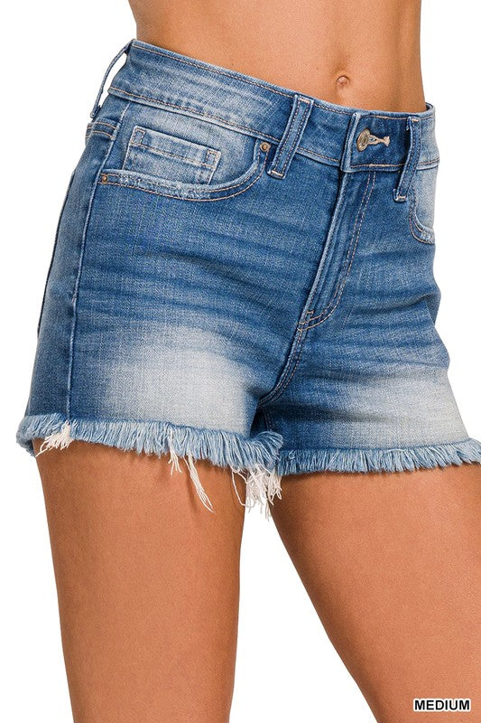 Mid-Rise Raw Fringe Hem Medium Wash Shorts