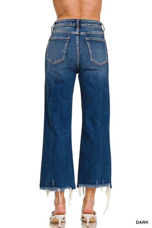 Wide Straight Leg Raw Hem Crop Jeans