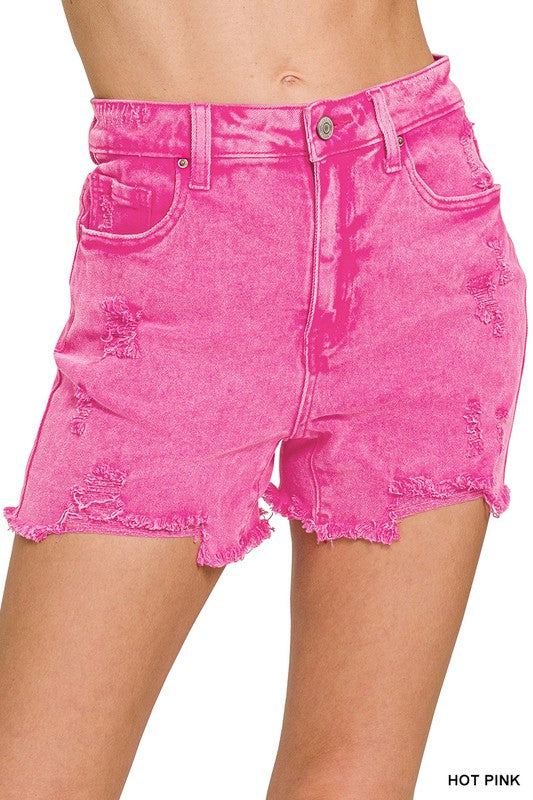 Hot Pink Washed Distressed Shorts