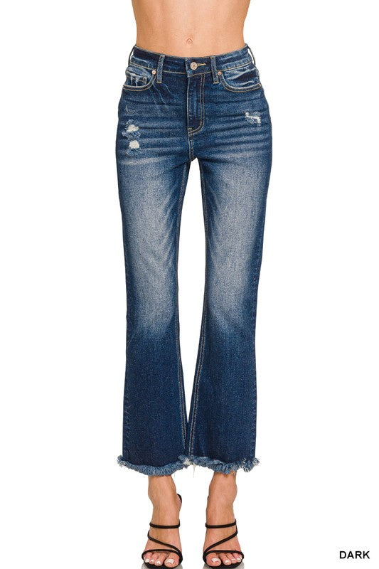 High Rise Straight Frayed Hem Cropped Jeans