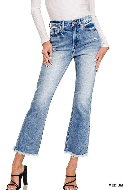 High Rise Straight Frayed Hem Cropped Jeans