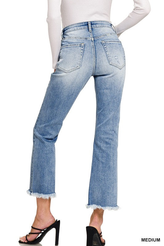 High Rise Straight Frayed Hem Cropped Jeans