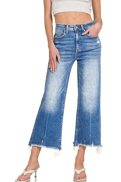 Wide Straight Leg Raw Hem Crop Jeans