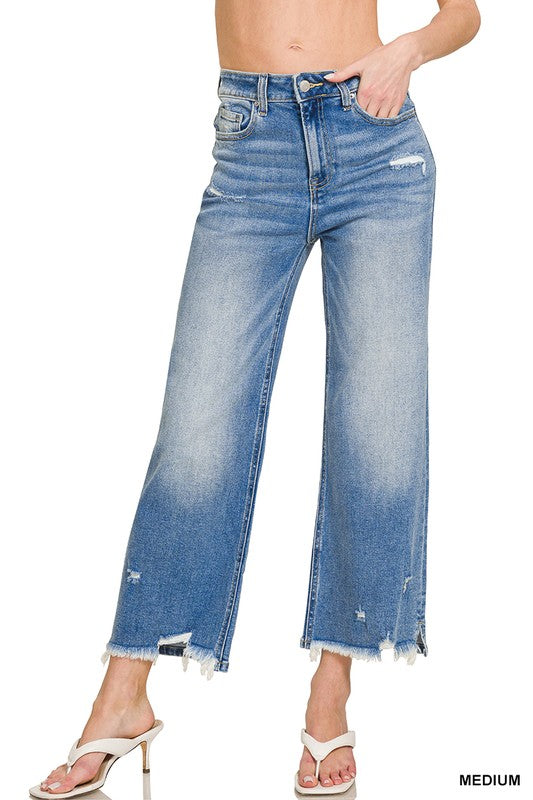 Distress Raw Hem Straight/Wide Leg Jeans