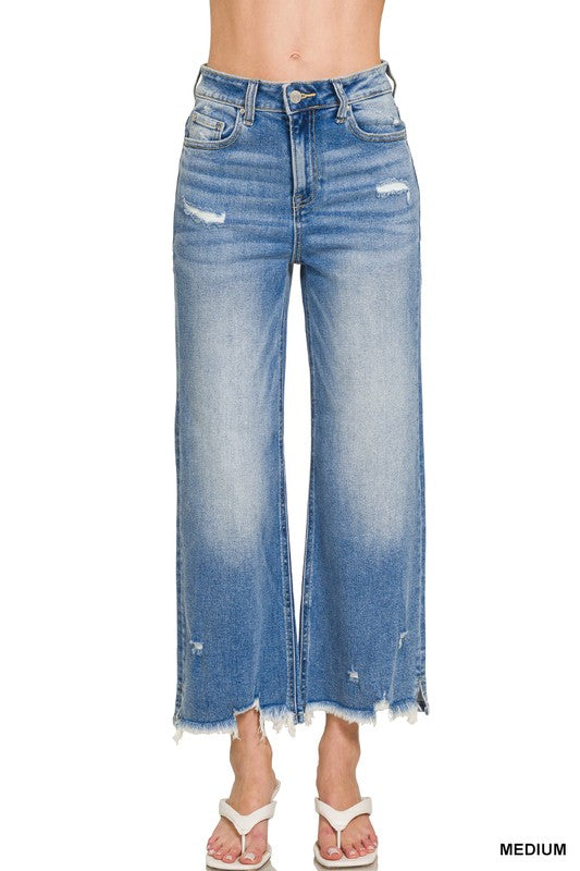 Distress Raw Hem Straight/Wide Leg Jeans