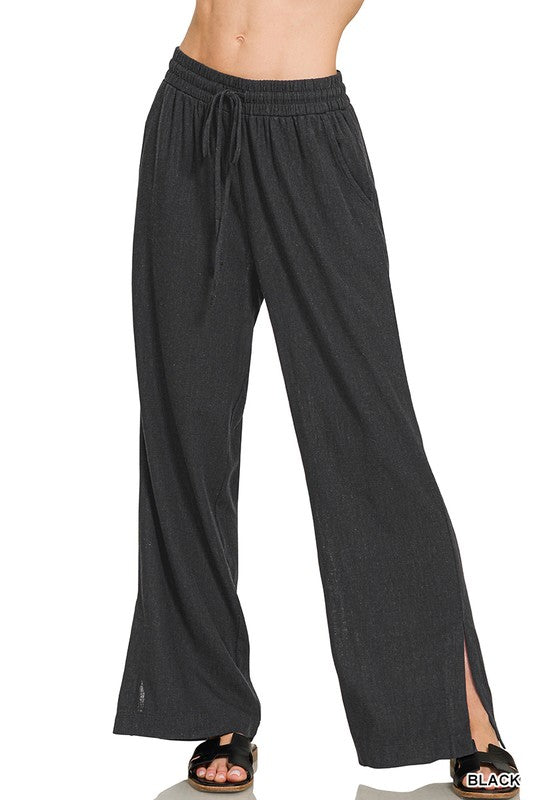 Linen Blend Wide Split Hem Pants