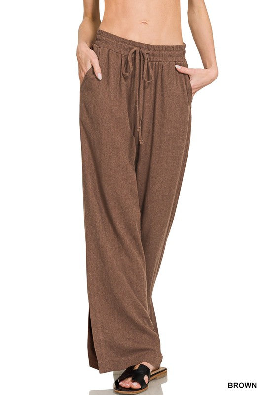 Linen Blend Wide Split Hem Pants