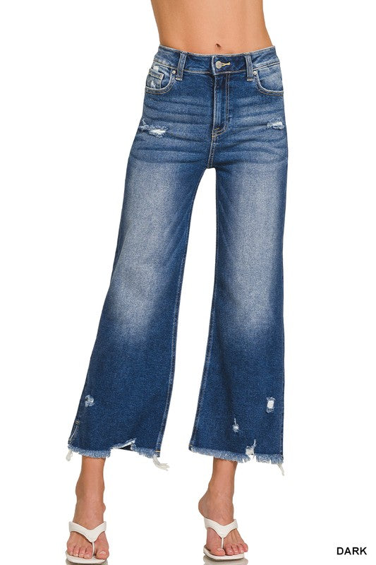 Distress Raw Hem Straight/Wide Leg Jeans