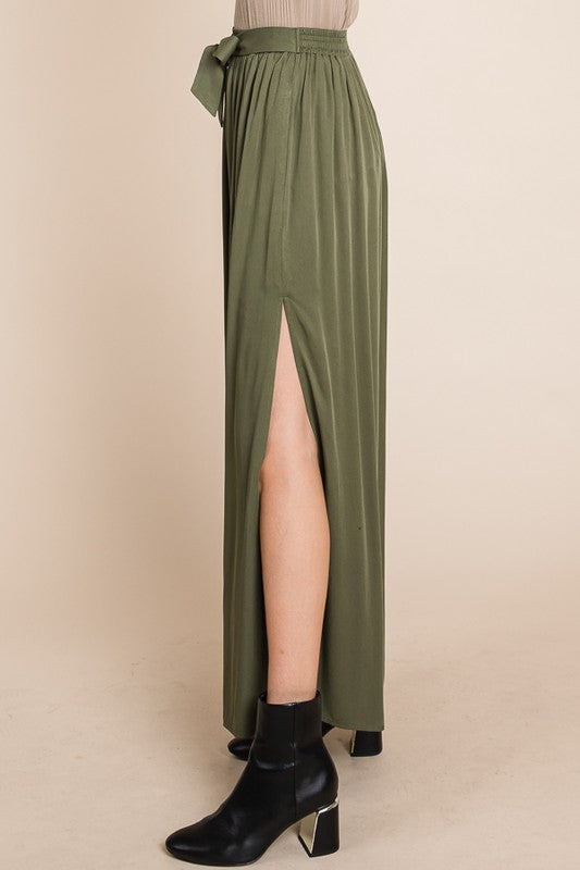 Olive Waist Tie Side Split Pants
