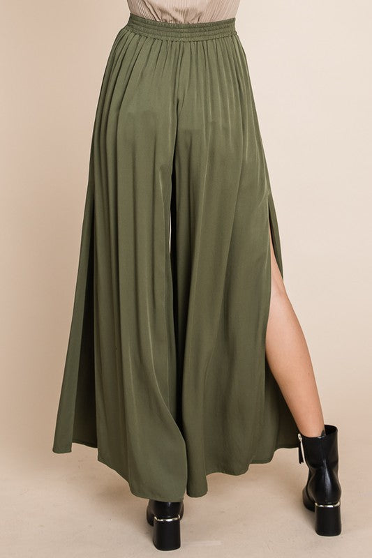 Olive Waist Tie Side Split Pants