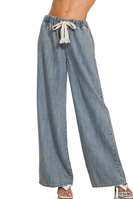 Wide Leg Elastic Drawstring Chambray Pants