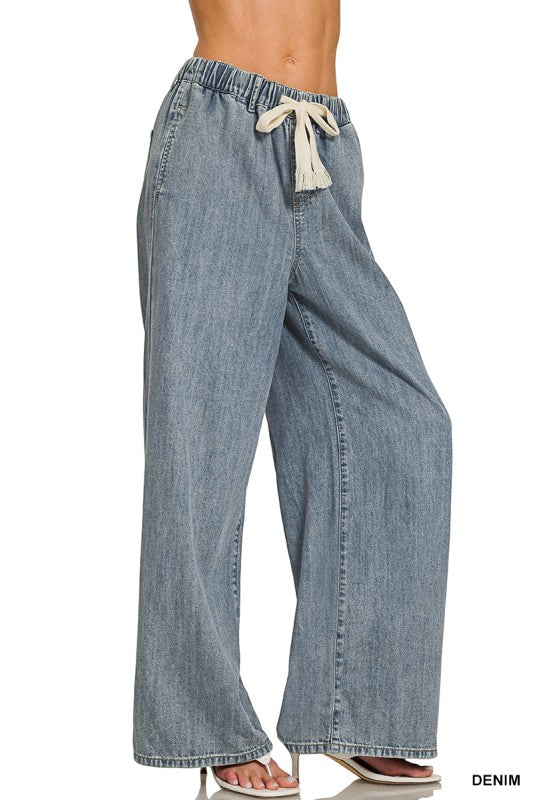 Wide Leg Elastic Drawstring Chambray Pants