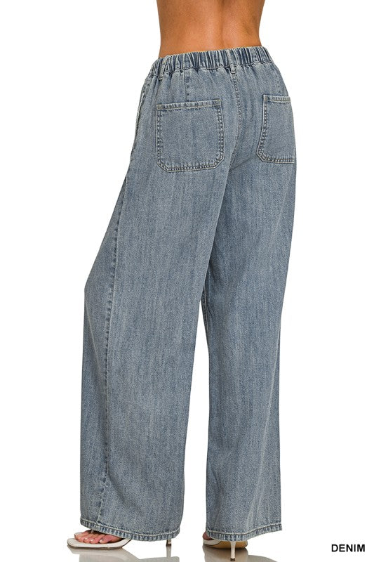 Wide Leg Elastic Drawstring Chambray Pants