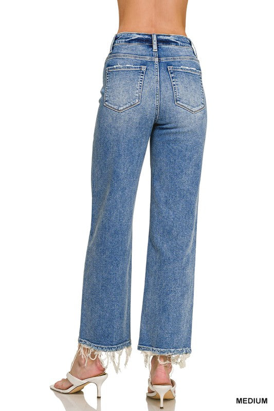 Medium Wash Straight Leg Frayed Hem Jeans