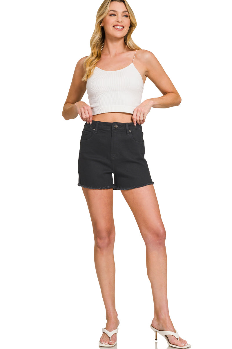 Zenana 3.75 Inch Inseam Black Frayed Hem Shorts