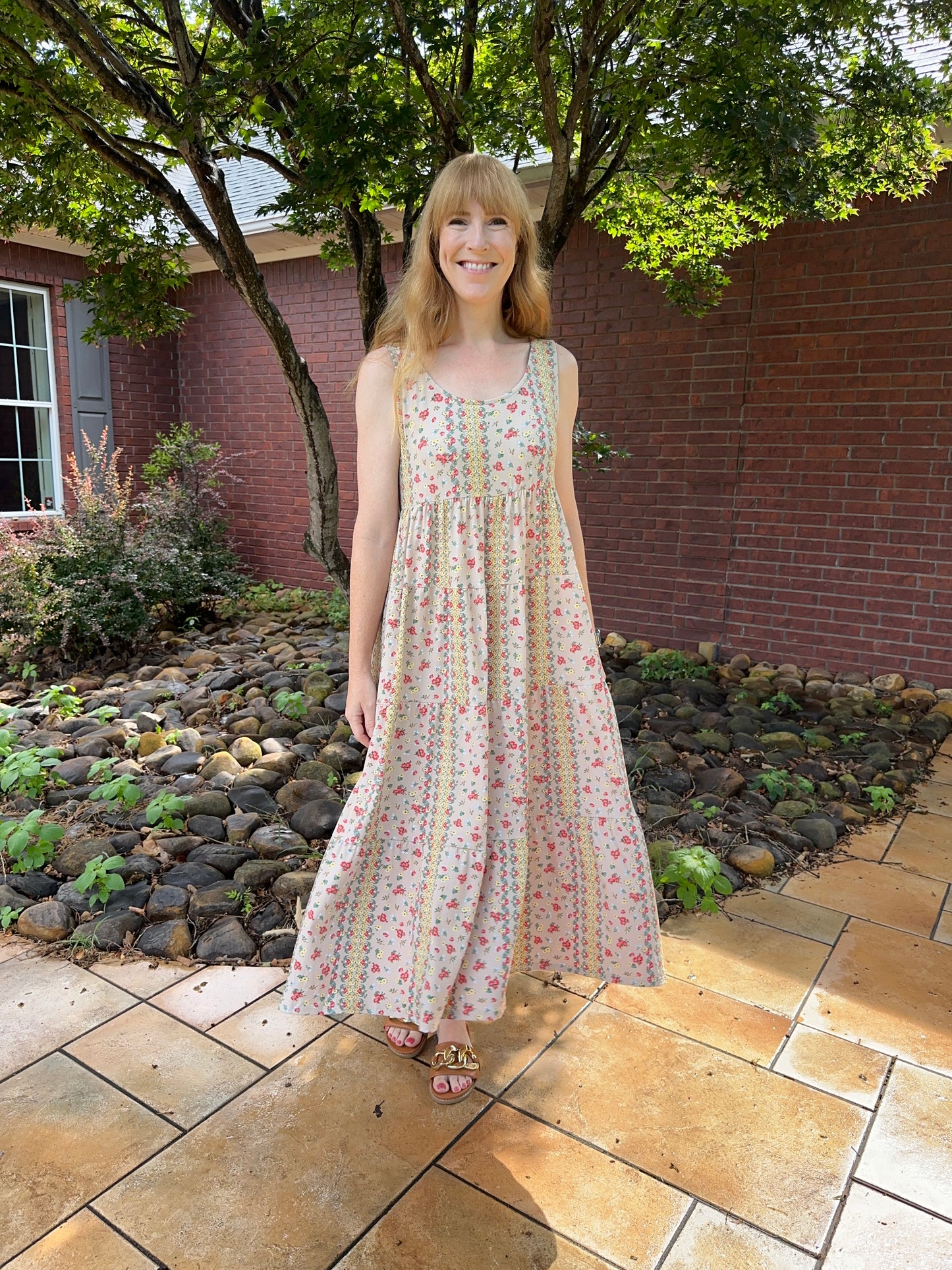 Tiered Butter Boho Print Midi Dress