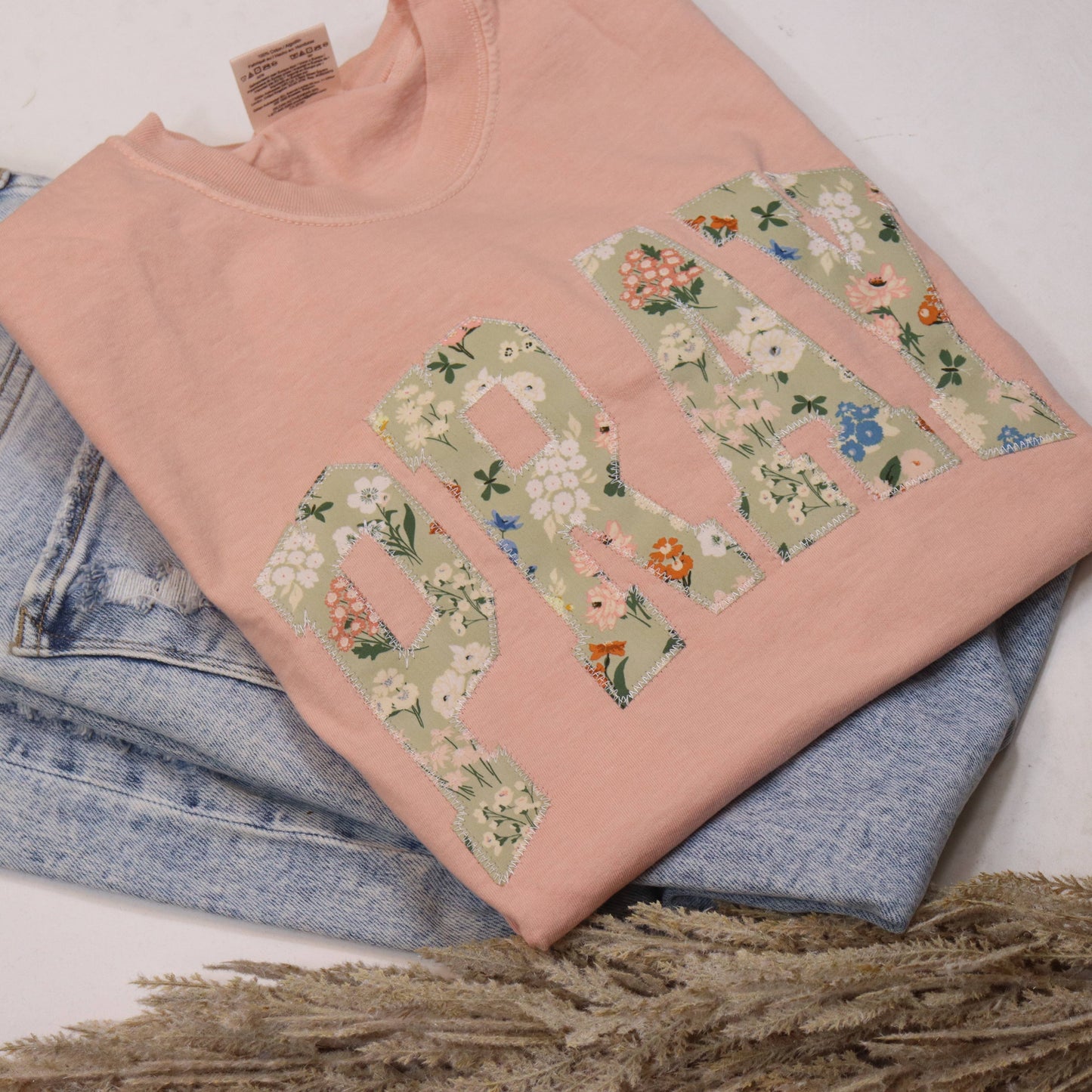 Peach Pray Short Sleeve Patchwork Tee