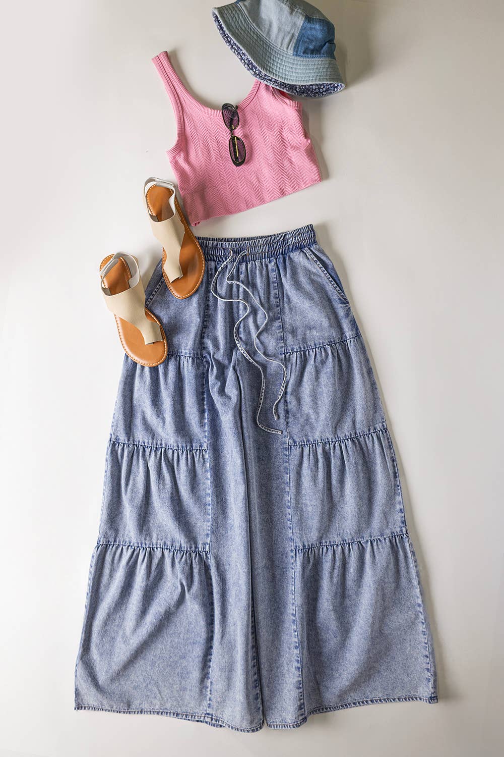 Tiered Layered Mineral Washed Chambray Pants