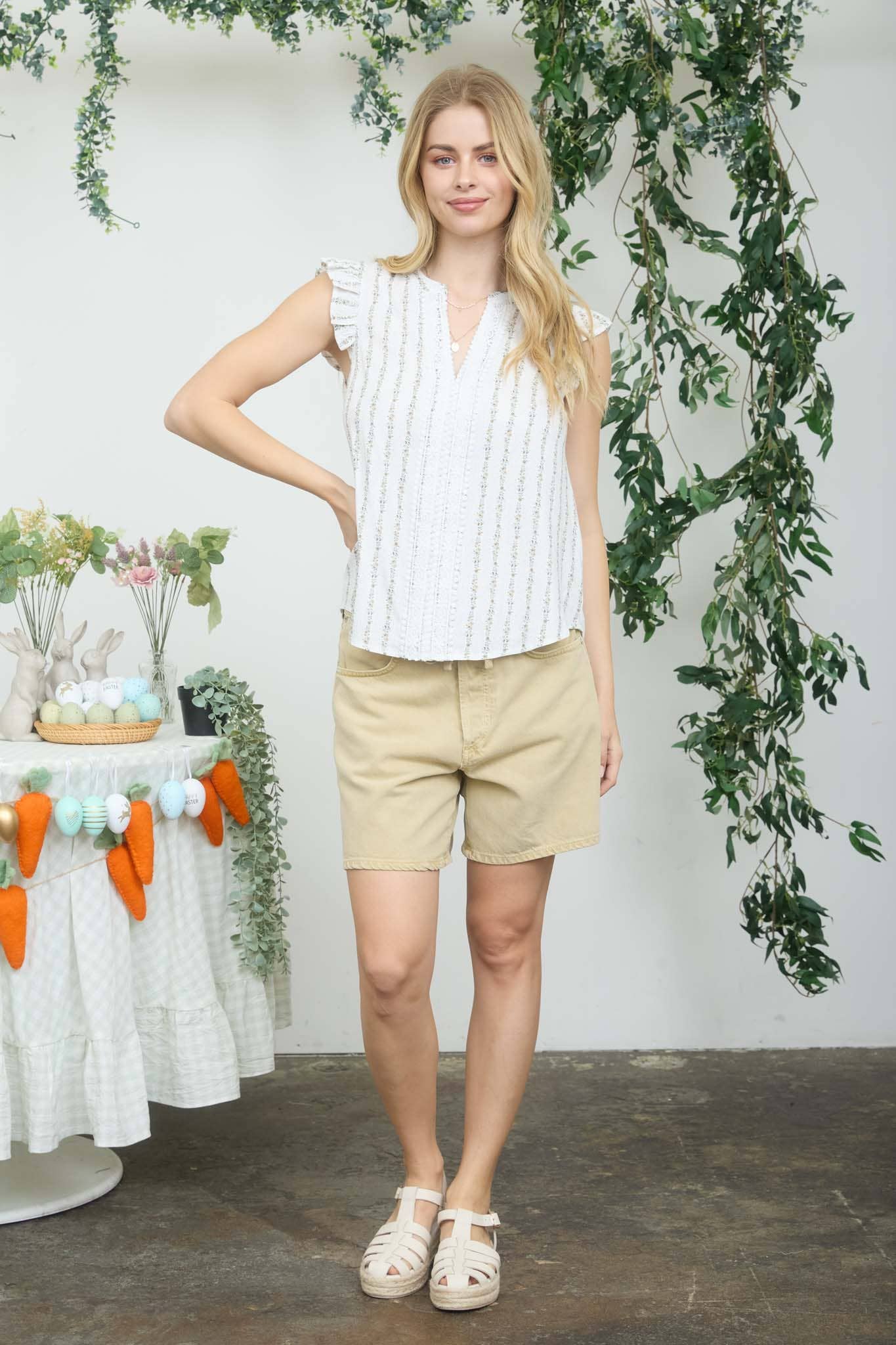 STRIPE FLORAL GARLAND PATTERN RUFFLE SLEEVE TOP