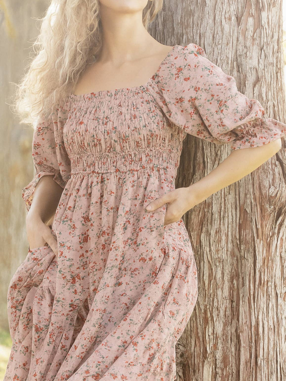 Three Quarter Sleeve Smocked Wide Flare Tiered Floral Dress
