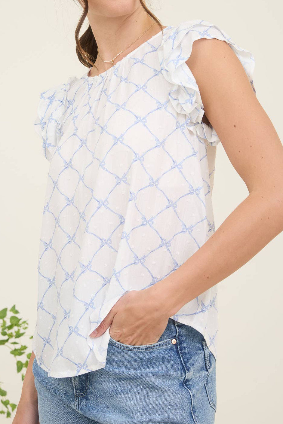Blue Bow Clip Dot Lace Sleeve Top