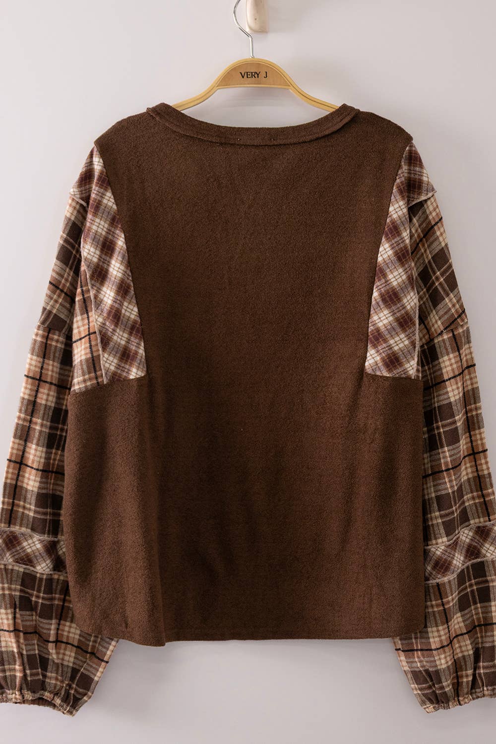 Brown Contrast Plaid Sleeve Top