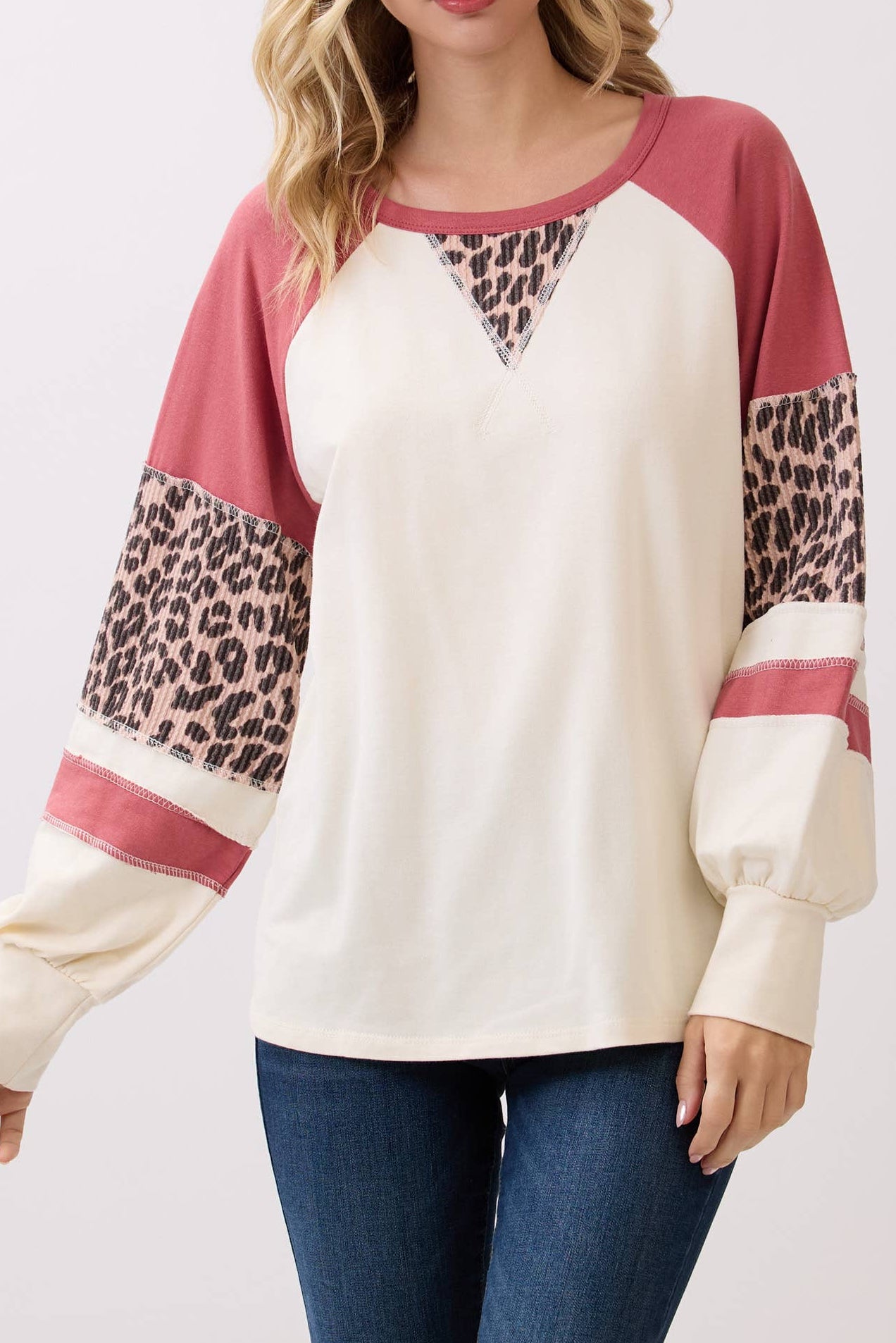 Leopard Print Color Block Raglan Pullover Top