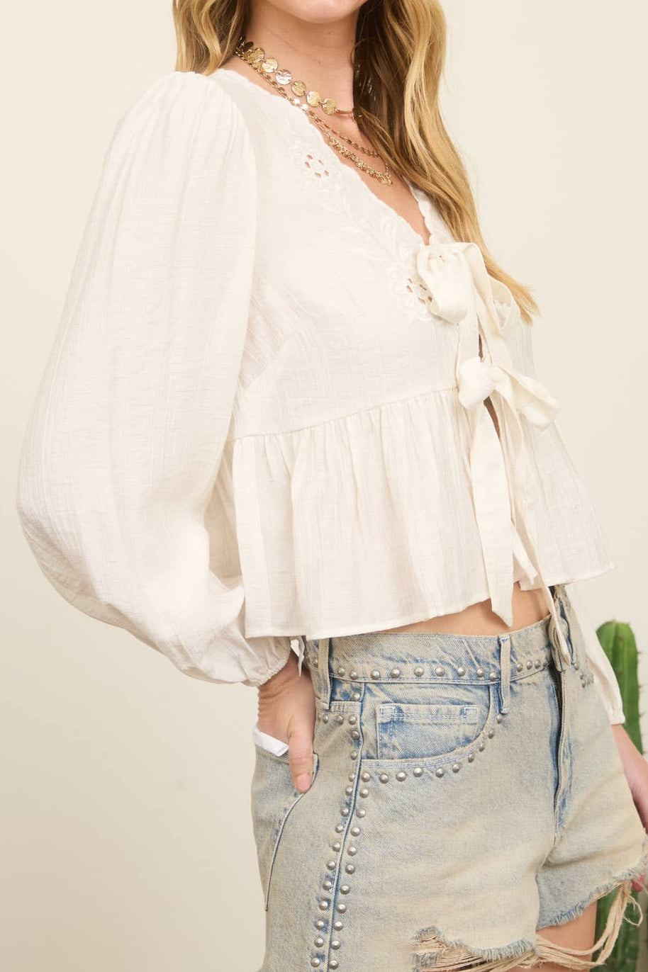 White Floral Eyelet Front Tie Long Sleeve Top