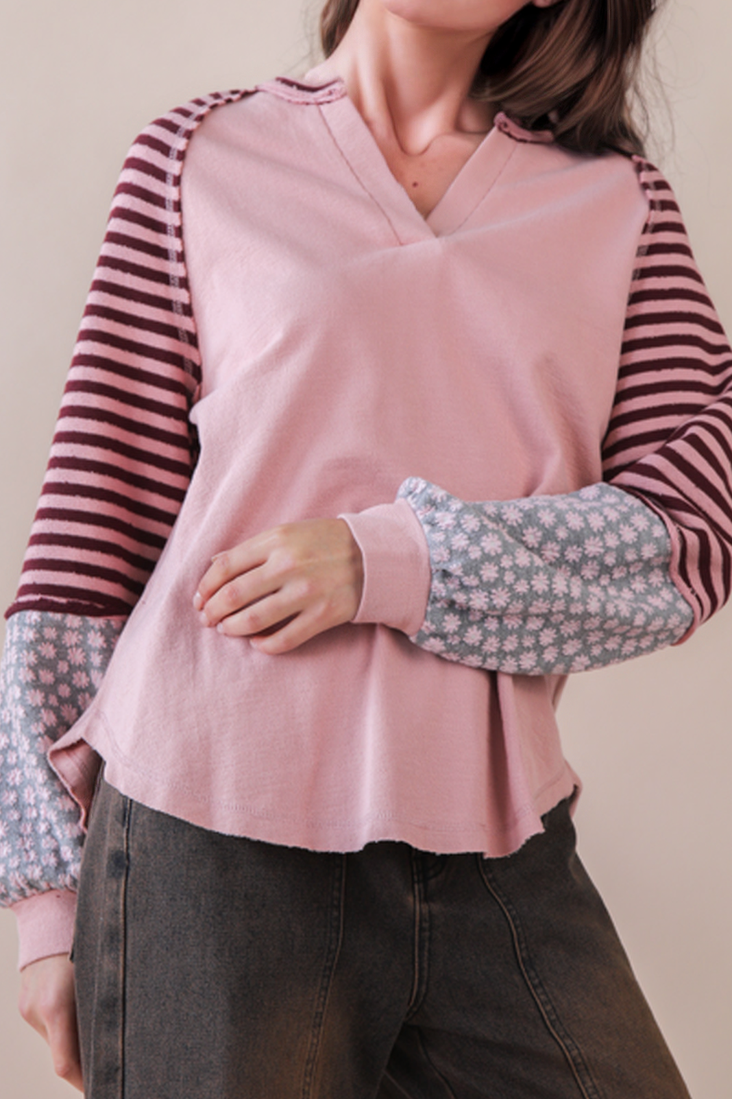 Oversized Floral & Stripe Casual Knit Top