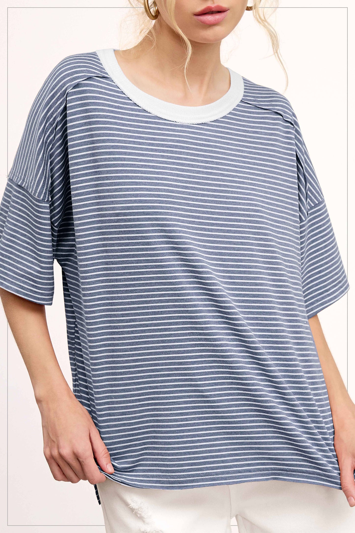 Basic Striped Drop Shoulder Short Sleeve Top