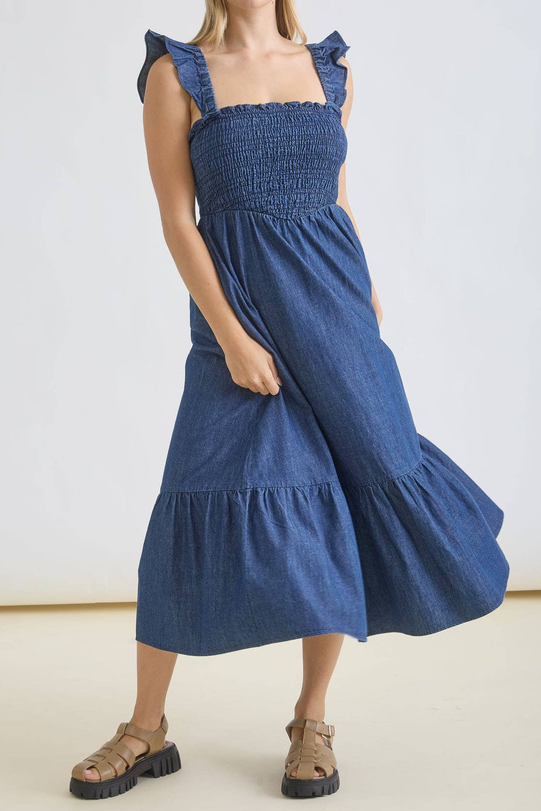 Dark Denim Smocked Ruffle Strap dress