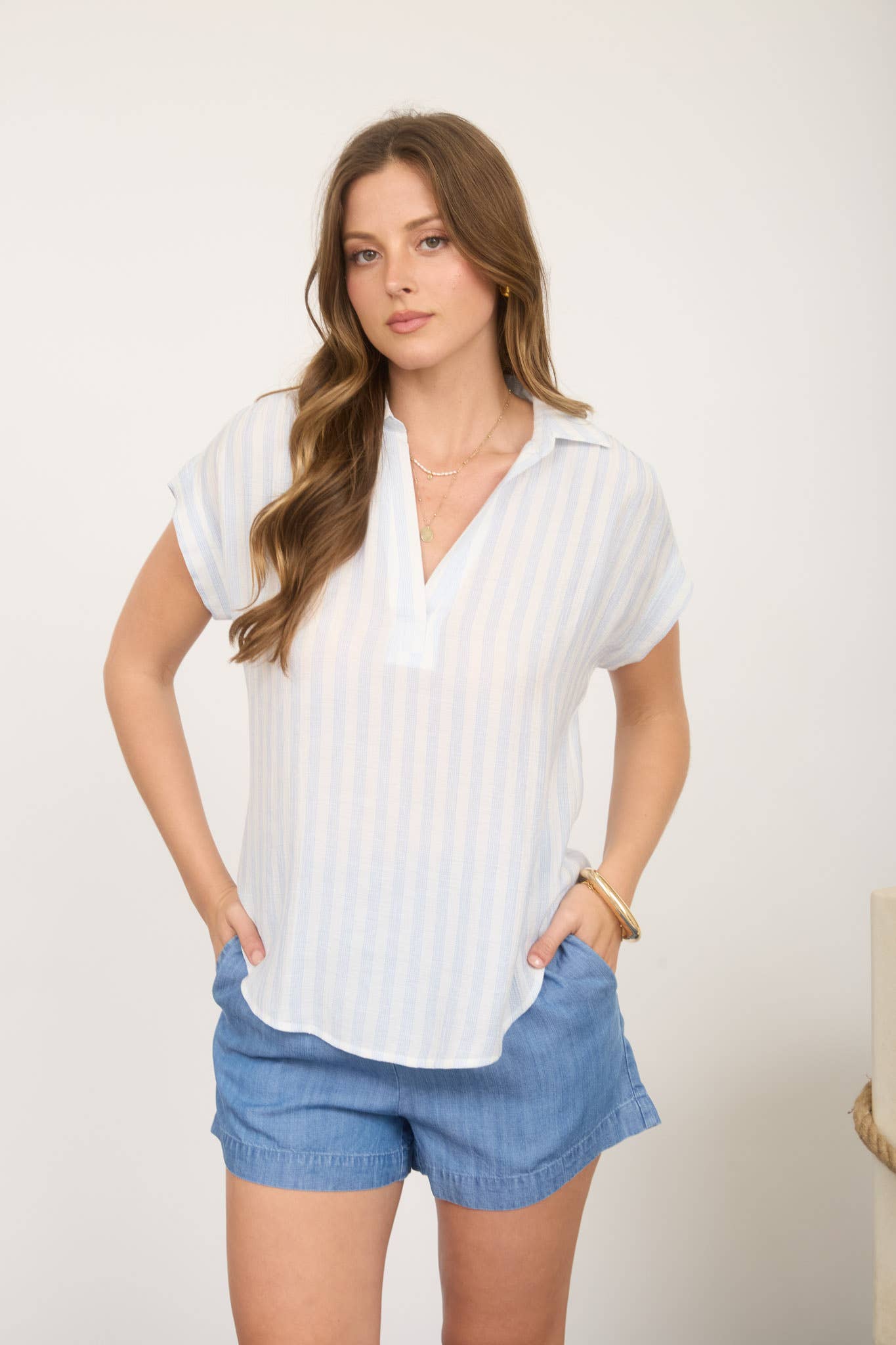 Stripe Collared V-Neck Button Down Short Sleeve Top