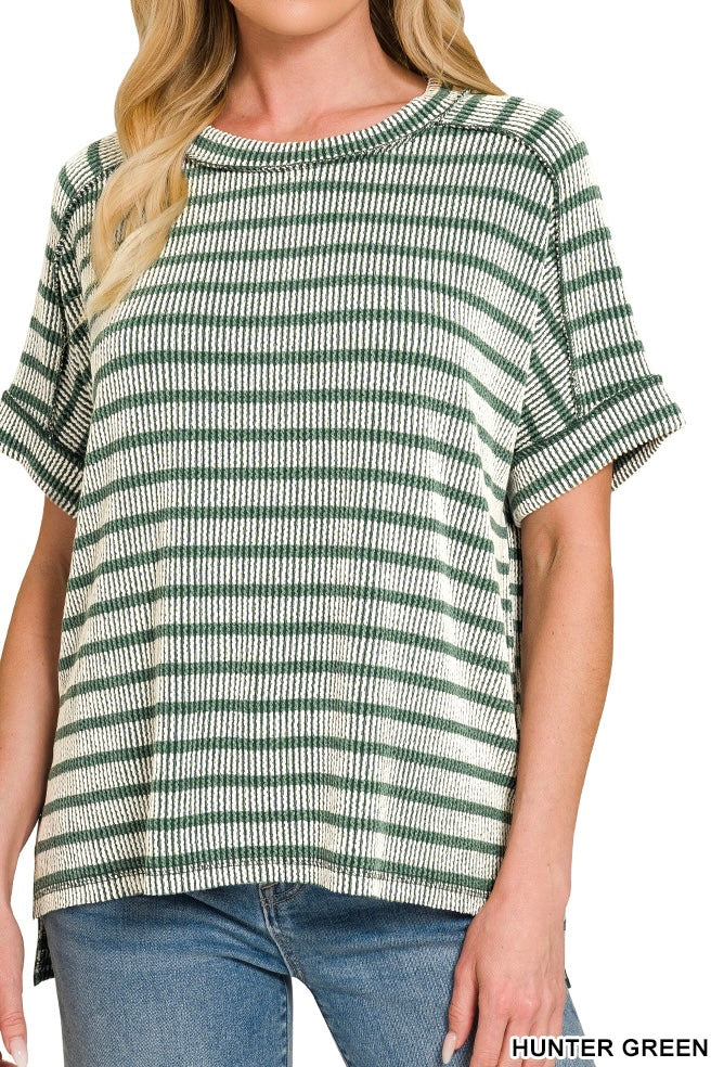 Zenana Stripe Short Sleeve Raised Rib Crew Neck Top