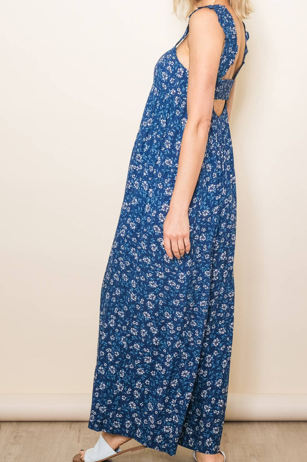Blue Ruffle Strap Wide Leg Floral Print Jumper with Pockets