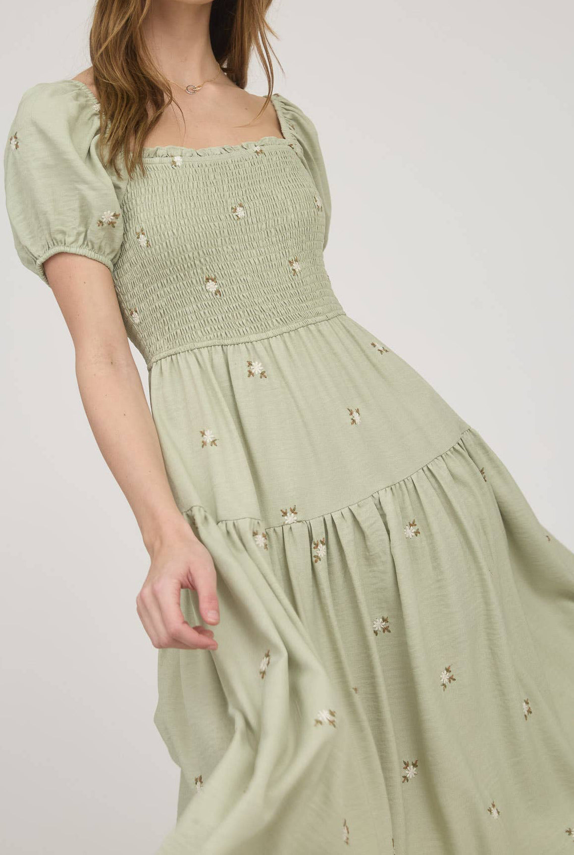 Sage Embroidered Floral Smocked Midi Dress