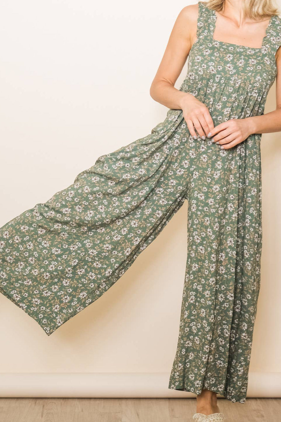 Ruffle Strap Wide Leg Floral Print Jumper with Pockets