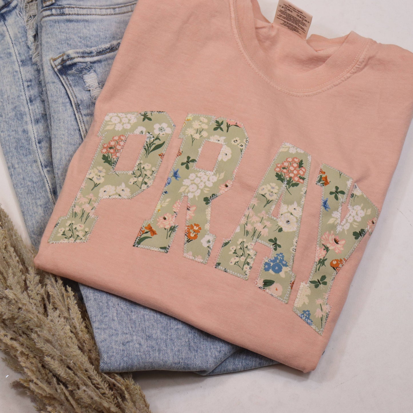 Peach Pray Short Sleeve Patchwork Tee