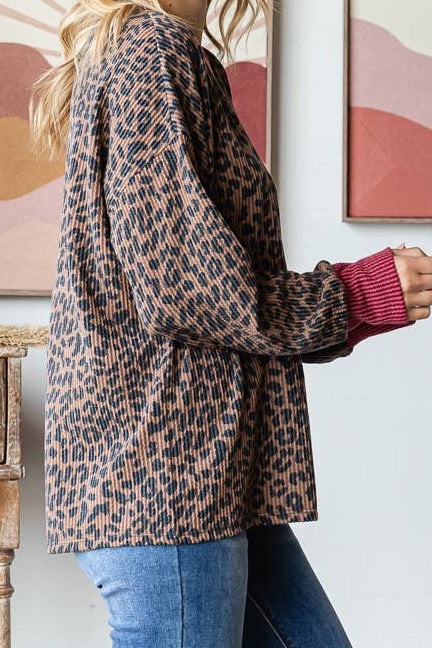 Rib Animal Print Drop Shoulder V Seam Long Sleeve Top