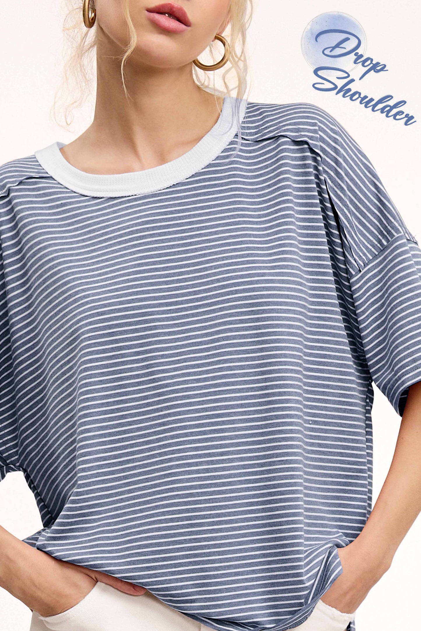 Basic Striped Drop Shoulder Short Sleeve Top