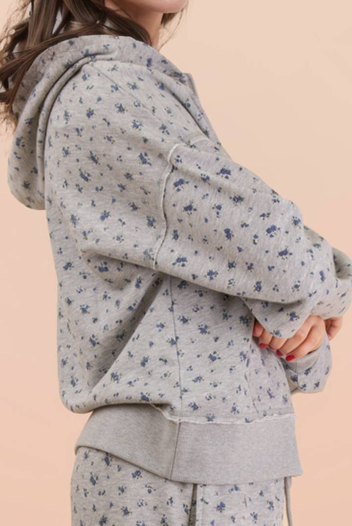 Grey Floral Printed Zip Up Casual Hoodie/Pants Set