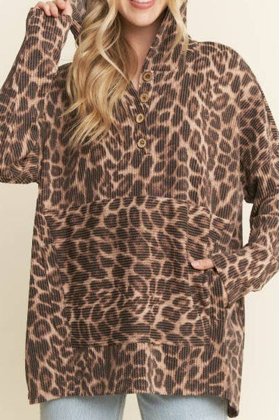 Taupe/Brown Leopard Ribbed Hoodie