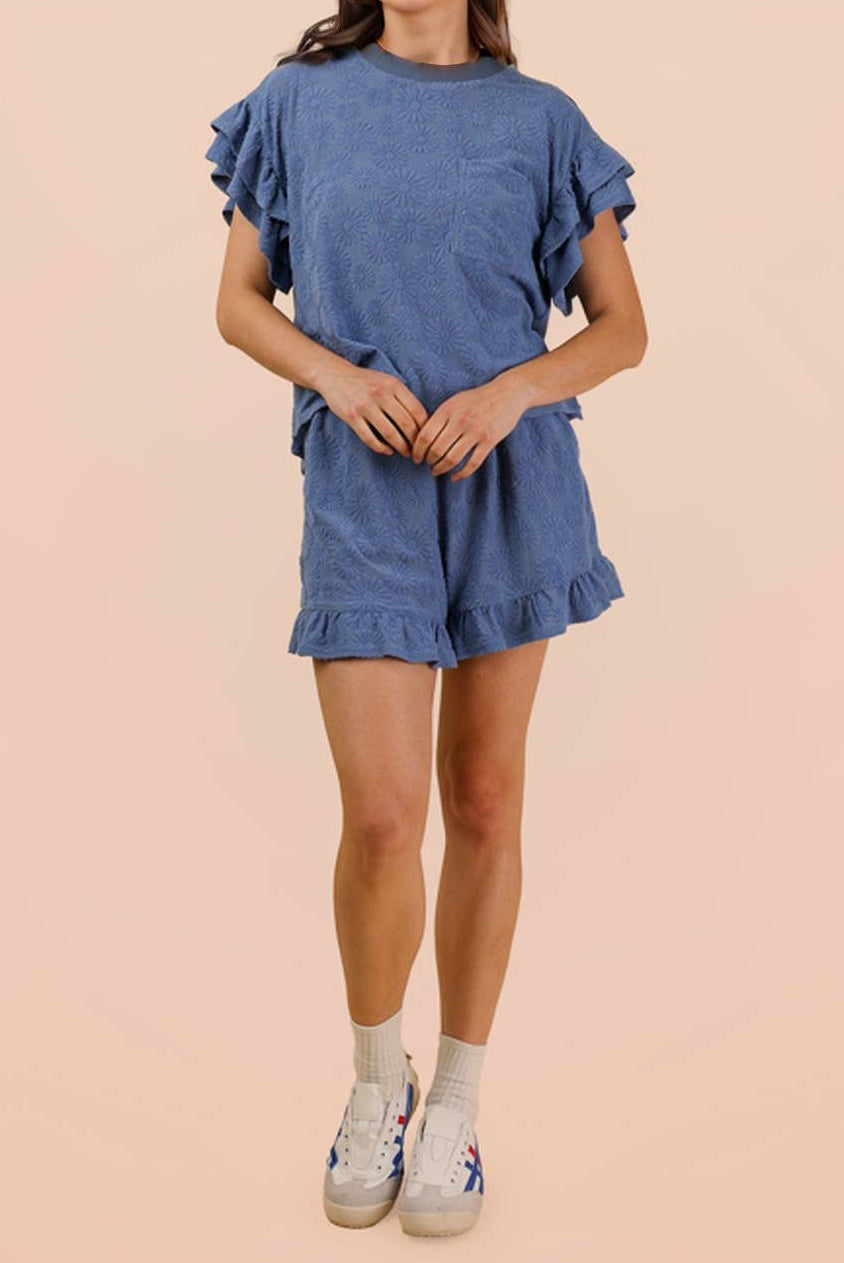 Floral Textured Ruffled Knit Top & Shorts Set